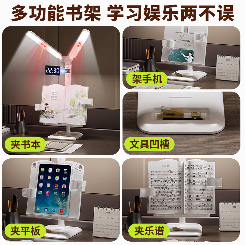 Posture corrector reading book stand desk lamp - all-spectrum eye protection rechargeable clip-on book light for students and children