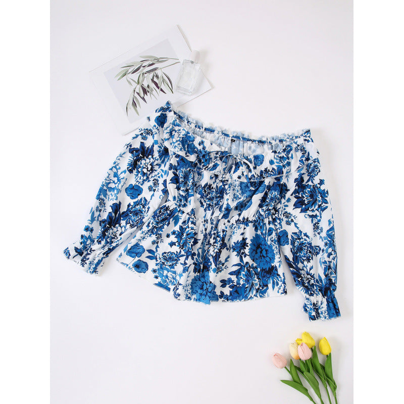 cross-border listing: new  women's original elegant chic one-shoulder long sleeve floral top