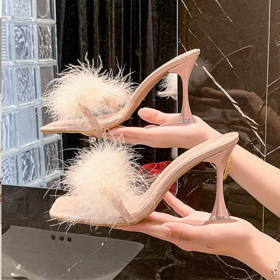 Fairy-style slippers for outdoor wear, new for summer 2025. these fluffy, stiletto-heeled sandals are elegant, chic, and open-toe