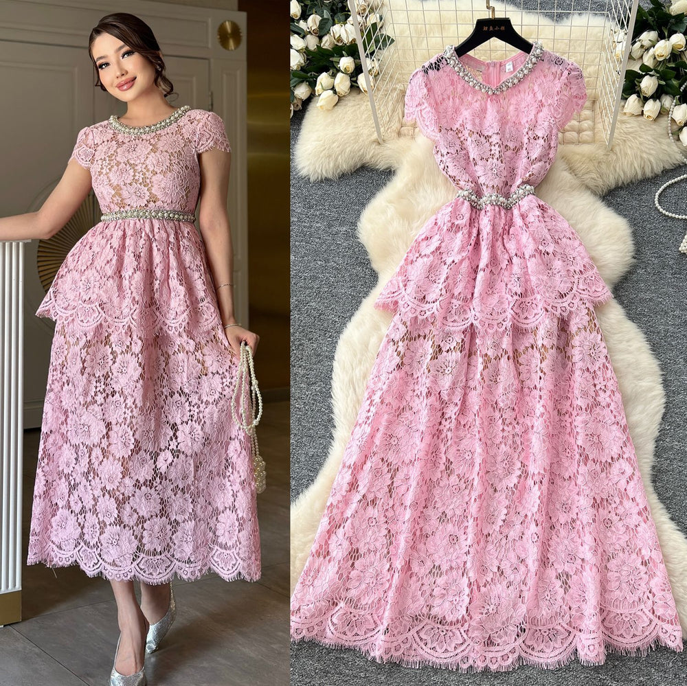 Frenchaccessible luxury celebrity heavy industry beading diamond round neck short sleeve waist lacedress women's slimming lookelegant long skirt