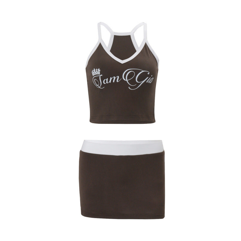 European and american style women's summer  new collection: letter print spicy girl crop top and bodycon mini skirt set