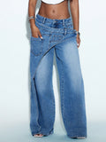 Fashionjeans women's double-layer cross waist loose pants washed stylishsense of designhigh waistmop denim pants