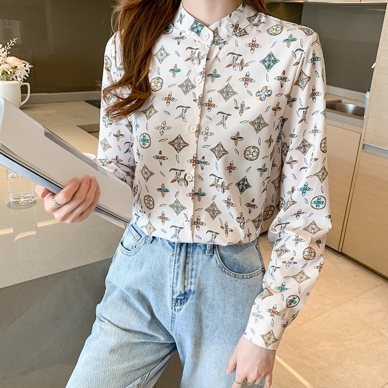 Real shot 2024 autumn French Hepburn style silk printed shirt femininity stand-up collar light luxury retro fashion shirt