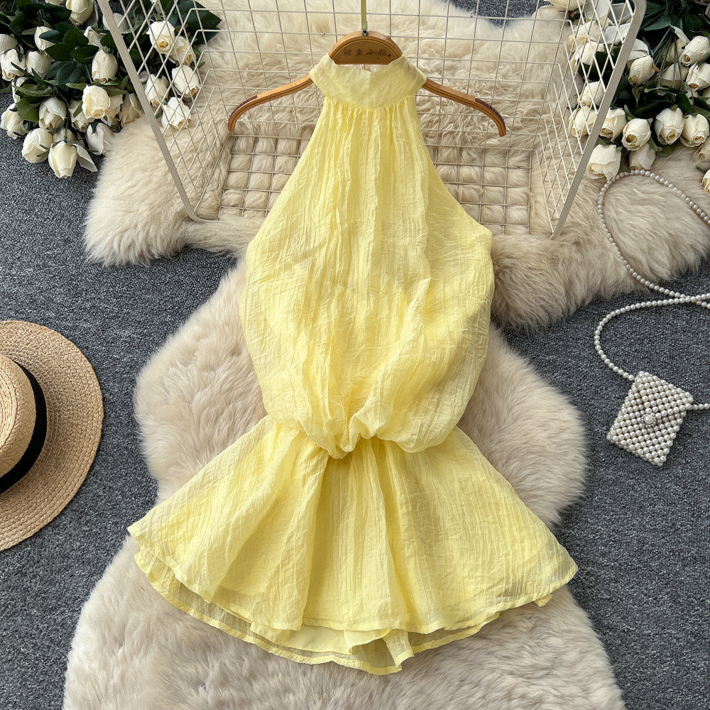 Qianjin style halter pleated backless suspender skirt for women summer pure lust style waist tie back holiday style vest tops