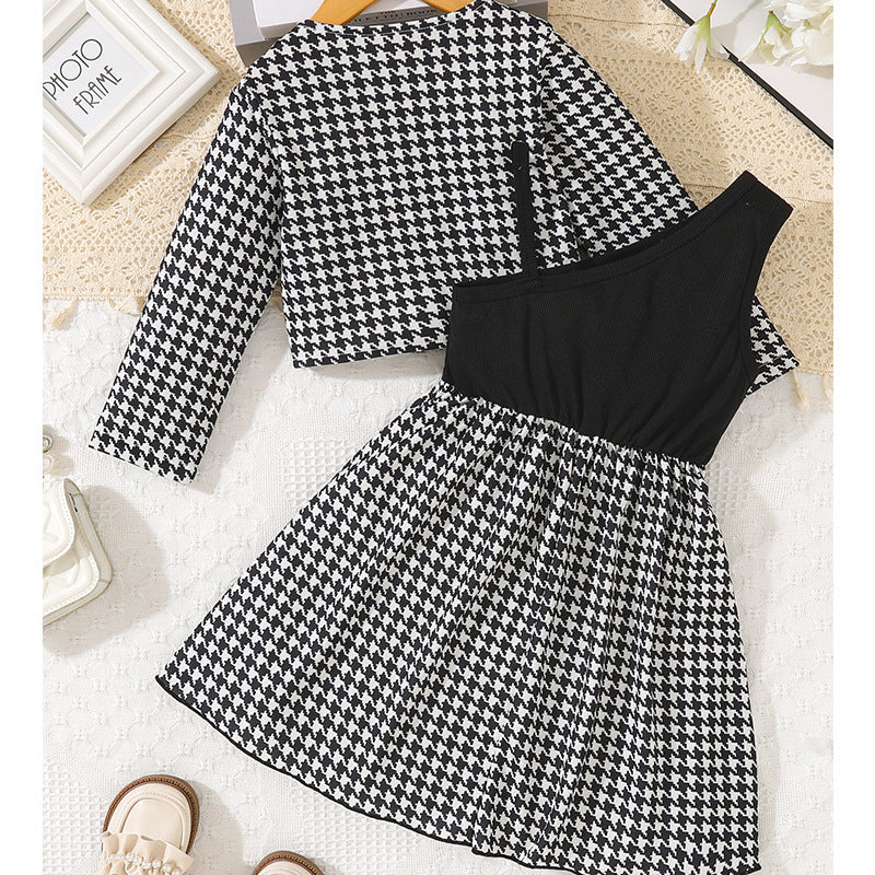 Girls' two-piece dress set: chanel-inspired houndstooth long-sleeve jacket with bow and a-line skirt, plus suspender dress