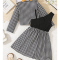 Girls' two-piece dress set: chanel-inspired houndstooth long-sleeve jacket with bow and a-line skirt, plus suspender dress