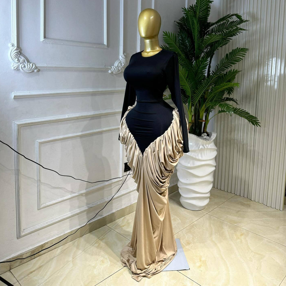 European and american cross-border women's fashion:  summer new arrival - elegant round neck, patchwork ruched bodycon long sleeve dress