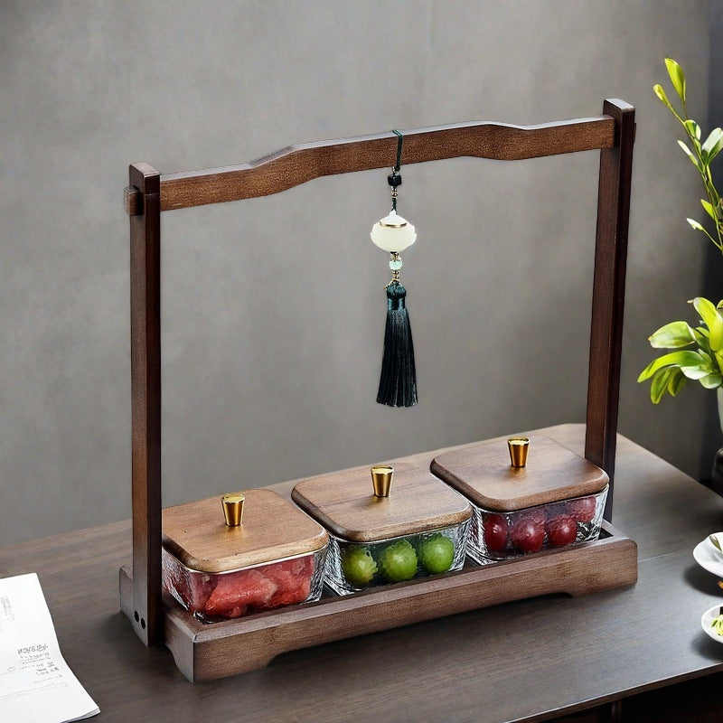 Luxury walnut wood-effect fruit & snack platter - home use, divided compartments, creative dried fruit dish, dessert glass bowl & fruit plate