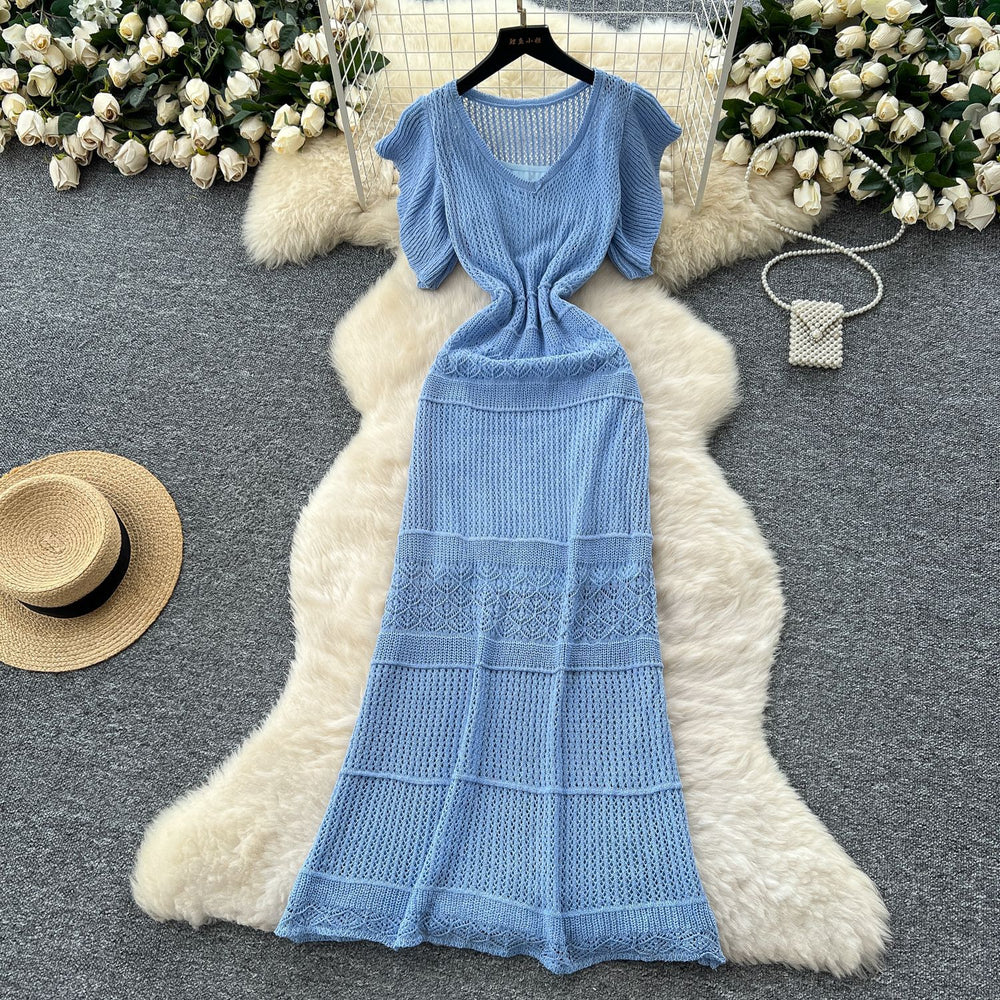 Korean style women's high-end hollow-out crochet knit dress with cinched waist and flutter sleeves, two-piece set with inner slip dress