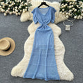 Korean style women's high-end hollow-out crochet knit dress with cinched waist and flutter sleeves, two-piece set with inner slip dress