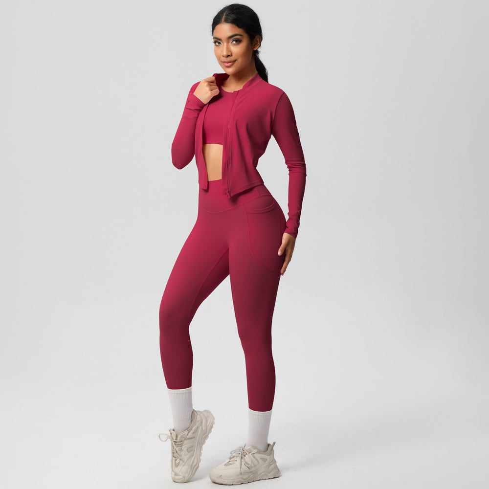 European and american high-waisted butt-lifting tight pocket pants quick-dry yoga set cloud-like running fitness apparel three-piece activewear set
