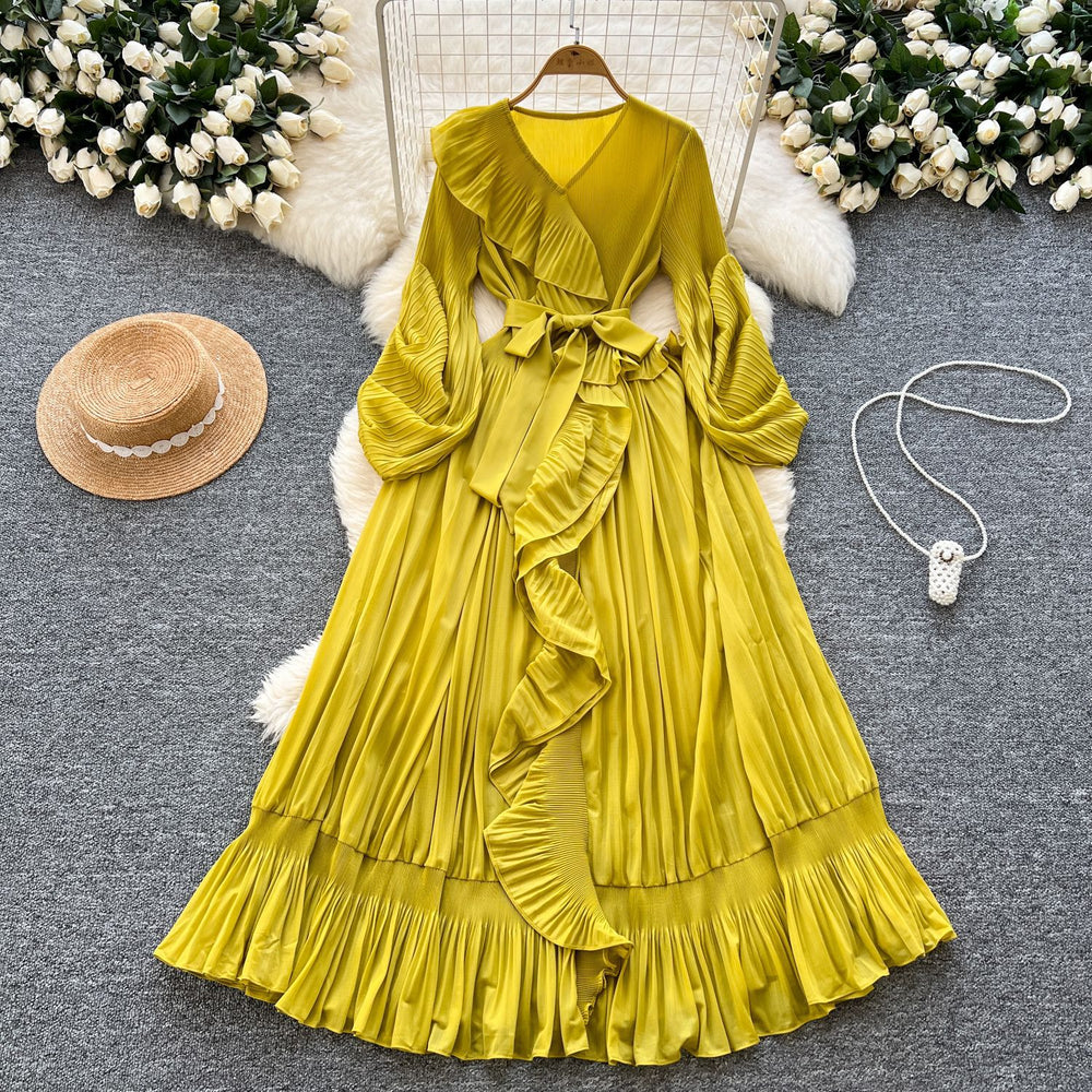 French style socialite issey miyake pleated v-neck long sleeve tie-waist ruffle hem maxi dress - elegant women's flowing dress