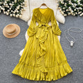 French style socialite issey miyake pleated v-neck long sleeve tie-waist ruffle hem maxi dress - elegant women's flowing dress