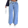 Fashionjeans women's light blue washed diagonal placket misaligned high waistloose pantsretrodrapedstraight-legmoppants