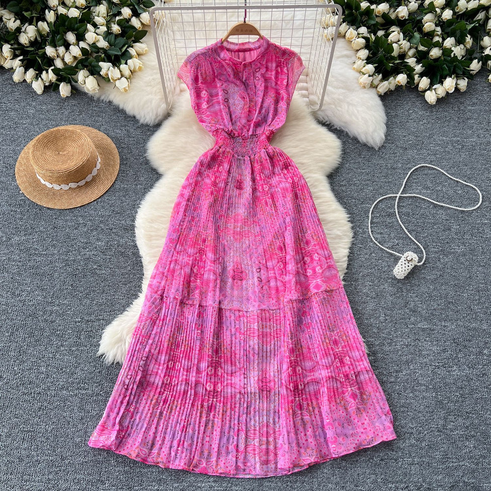 Frenchretroelegancedress women's classy stand collar sleeveless waist slimming look a-line floral pleated chiffon skirt