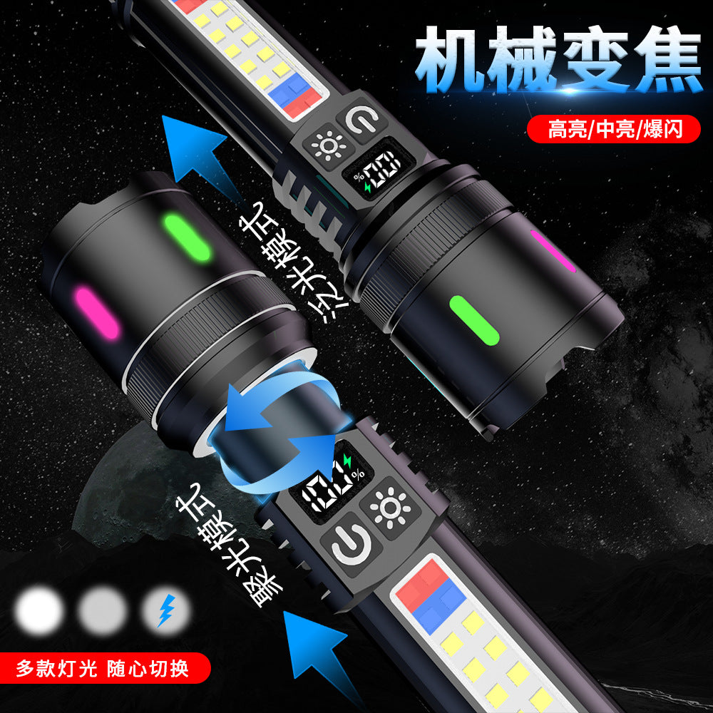 Cross-border new LED side light rechargeable multi-function outdoor portable red and blue warning light high-power strong light flashlight