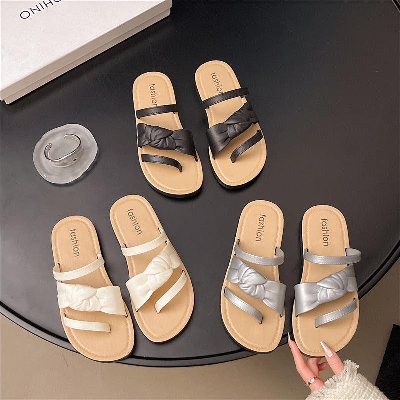 2025 new fashion summer flat sandals women's outdoor vacation versatile bow student beach sandals