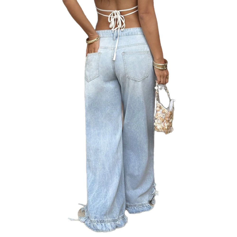 Fashionjeans women's high waist wide leg light blue washed rufflestie back pants looseslimming lookdraped mop