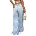 Fashionjeans women's high waist wide leg light blue washed rufflestie back pants looseslimming lookdraped mop