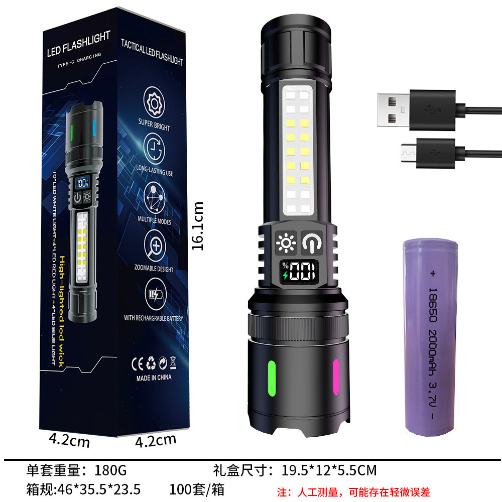 Cross-border new LED side light rechargeable multi-function outdoor portable red and blue warning light high-power strong light flashlight