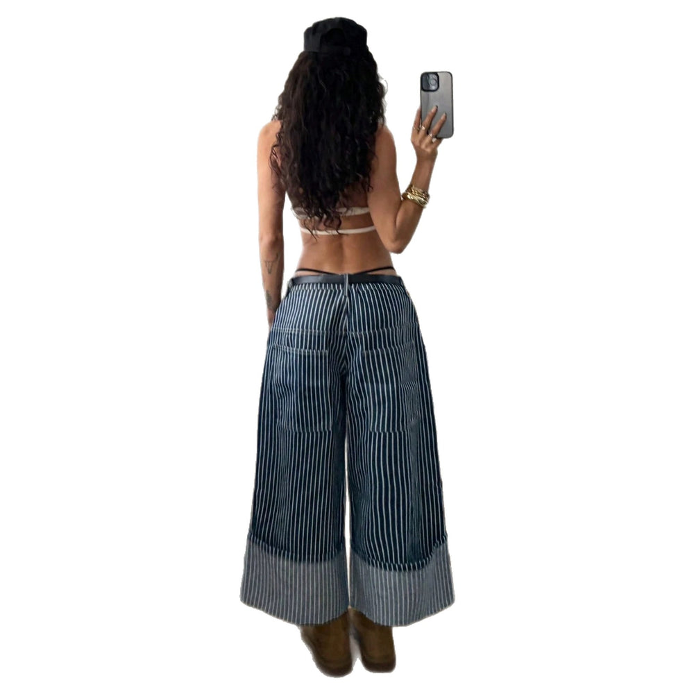 Women's striped patchwork wide-leg jeans - high-waisted, slimming, loose fit, designer style, versatile denim wide-leg cropped pants