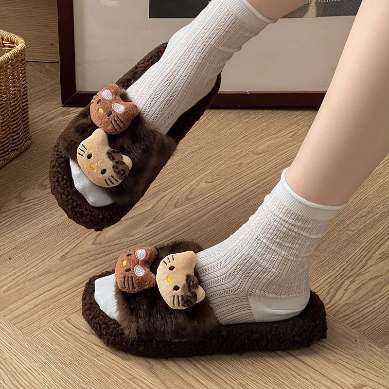 Cute leopard print kt fuzzy slippers - women's new autumn/winter 2025 indoor/outdoor non-slip cotton slippers - student dorm wholesale