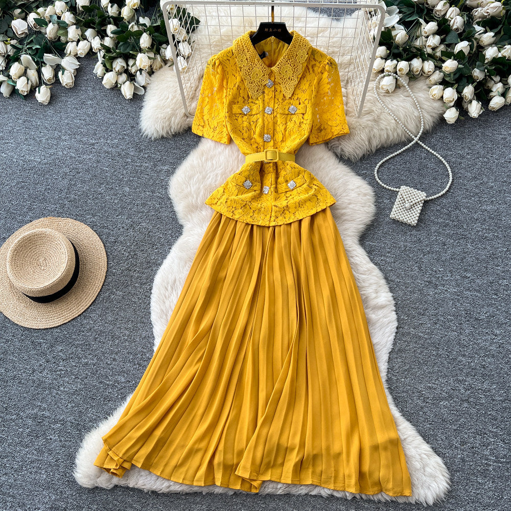 French chic yellow turn-down collar lace patchwork dress - women's summer elegant commute pleated maxi dress