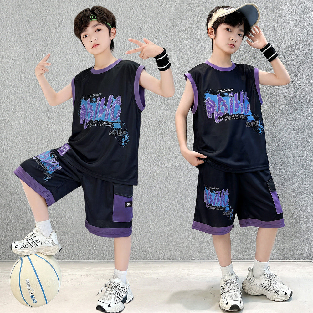 Boys'  summer new sleeveless tank top and waffle knit shorts set - trendy two-piece casual outfit for mid-to-large children