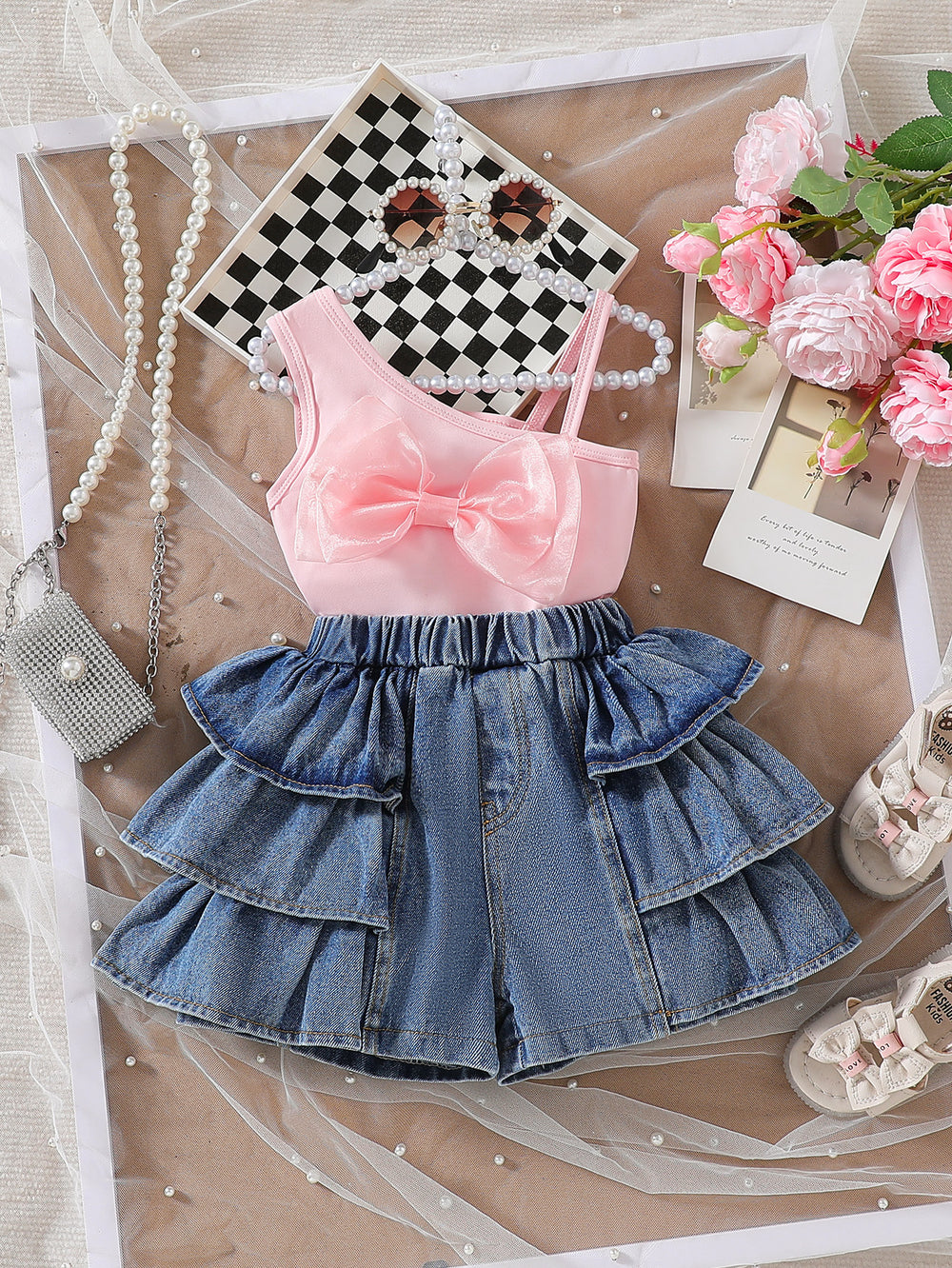 cross-border girls' bowknot solid color camisole top + ruffle hem denim shorts two-piece set