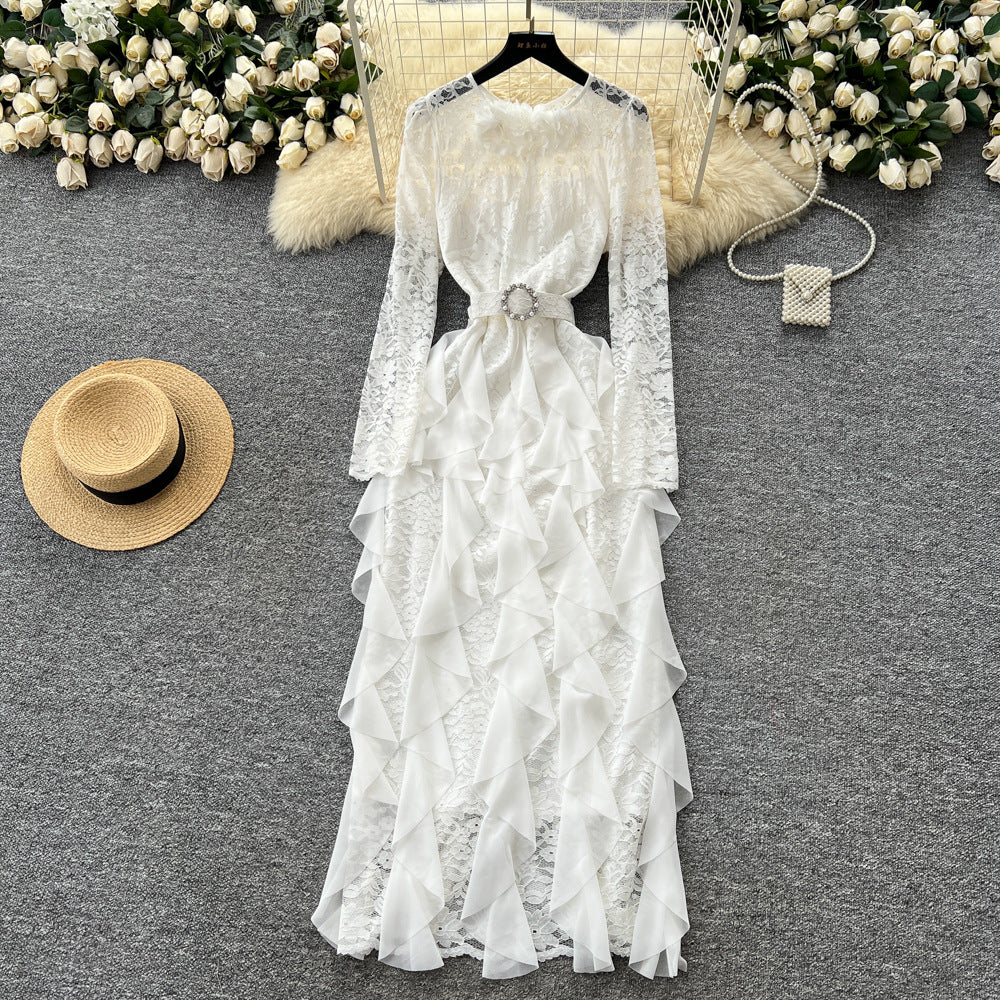Frenchclassy stereo flower rufflespatchworklong sleeveslacedress women's accessible luxuryelegance dress long skirt