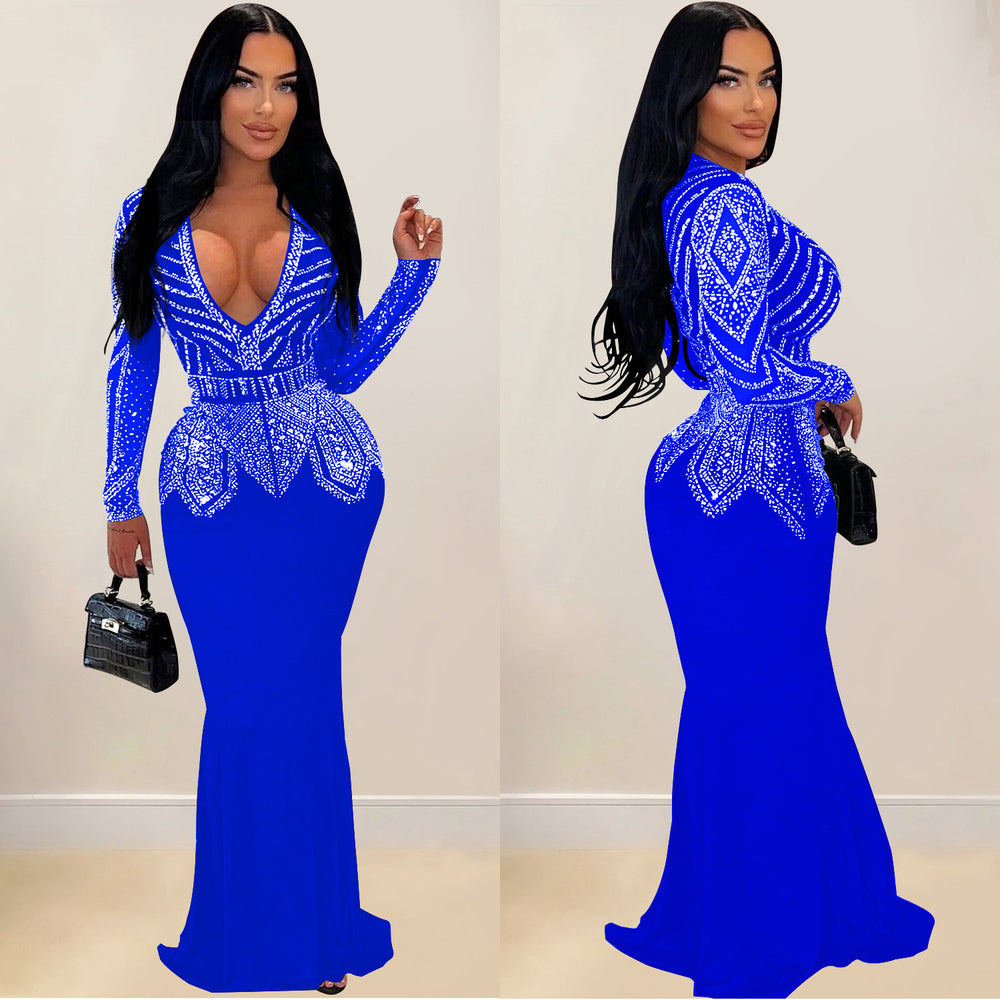 C7003 cross-border   independent station fashionfashion women's new hot diamond long skirt dress v neck