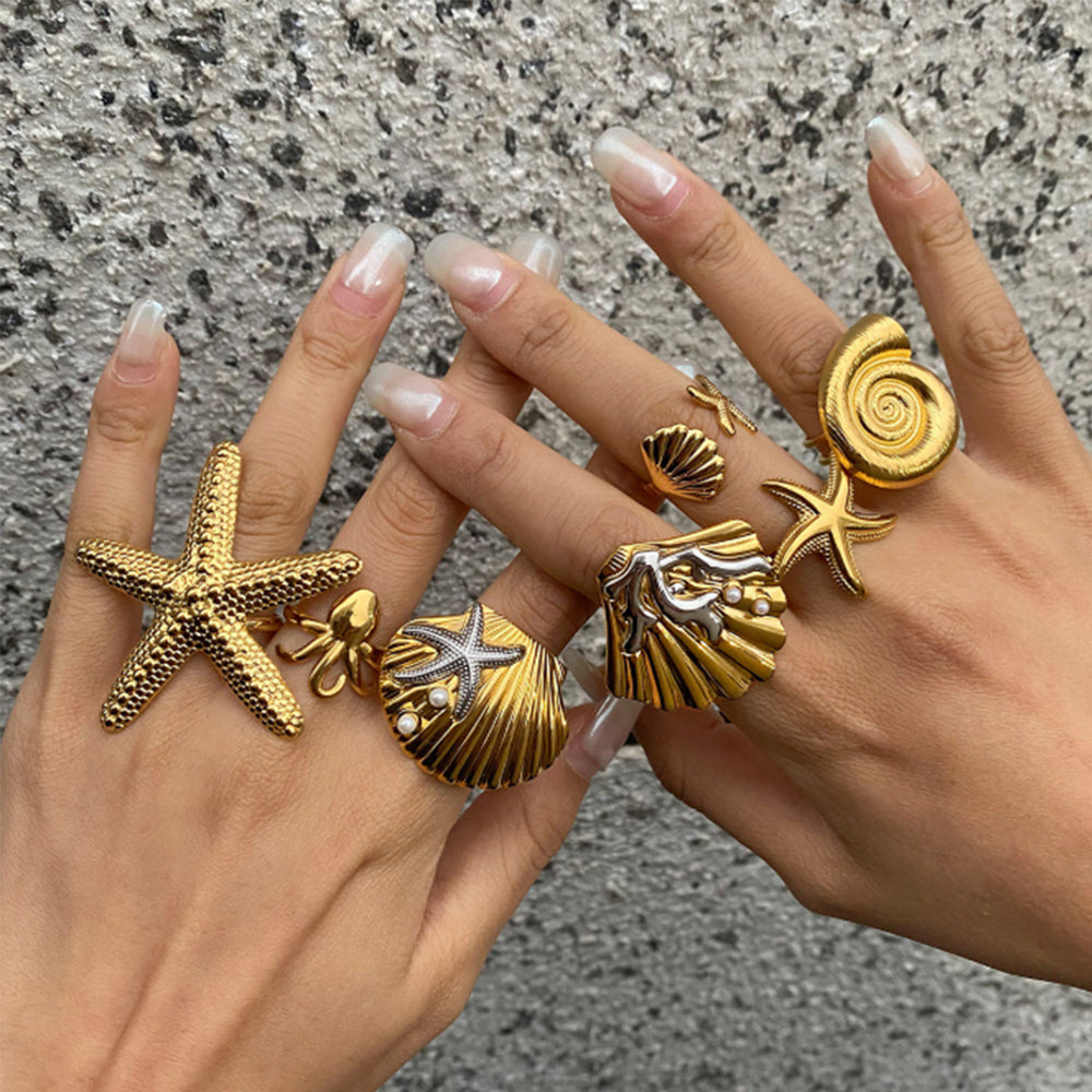 Starfish ring wholesale european and american cross-border jewelry ocean style ins high-end ring 7-piece set conch open ring