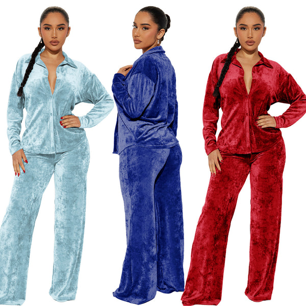 YD8770-D8 European and American women's clothing, 's new models, fashionable and casual gold diamond fleece cardigan two-piece set,