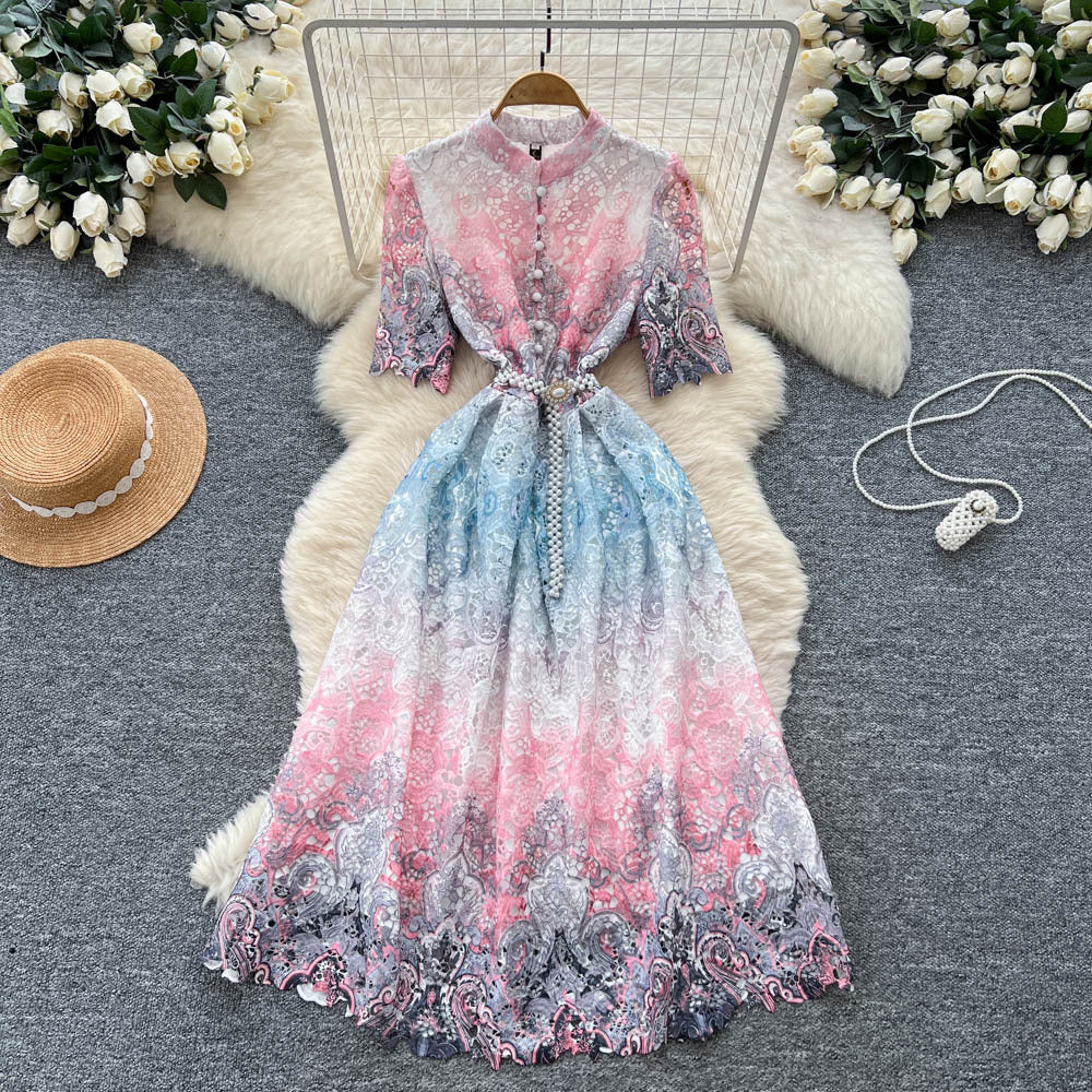 elegantdress women's high-end sense of strap waist half length sleeves cut out crochet laceprinting large swing long skirt