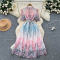 elegantdress women's high-end sense of strap waist half length sleeves cut out crochet laceprinting large swing long skirt