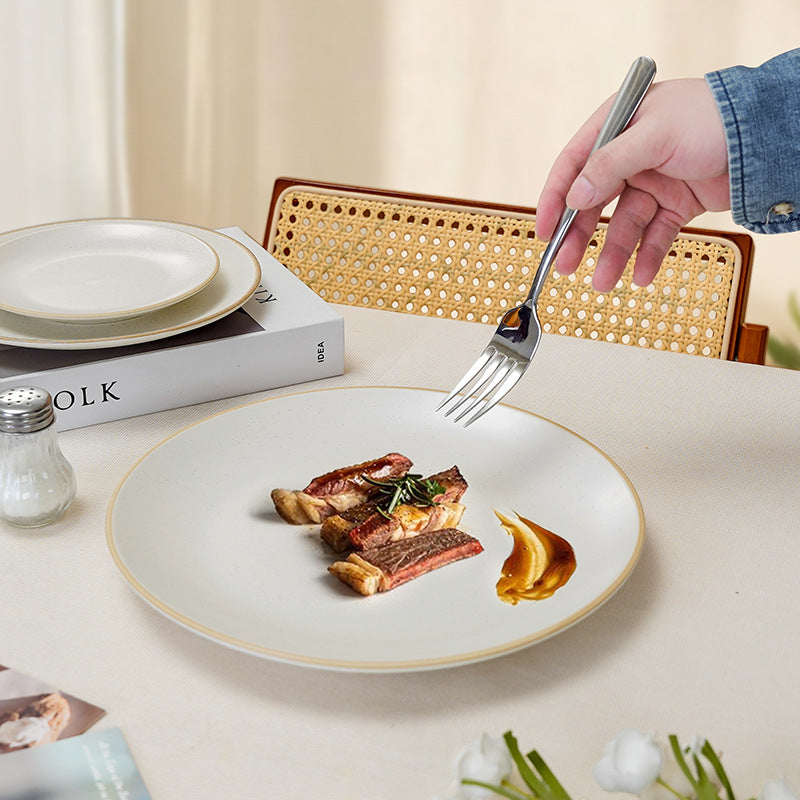 Minimalist creative stroked ceramic dinner plate - commercial western food flat plate for restaurant steak, pasta, and dessert service