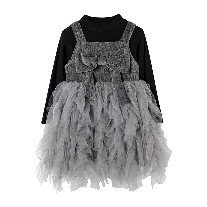 Girls' dress  autumn new style chic bow princess dress high-end black little girl sweet two-piece set