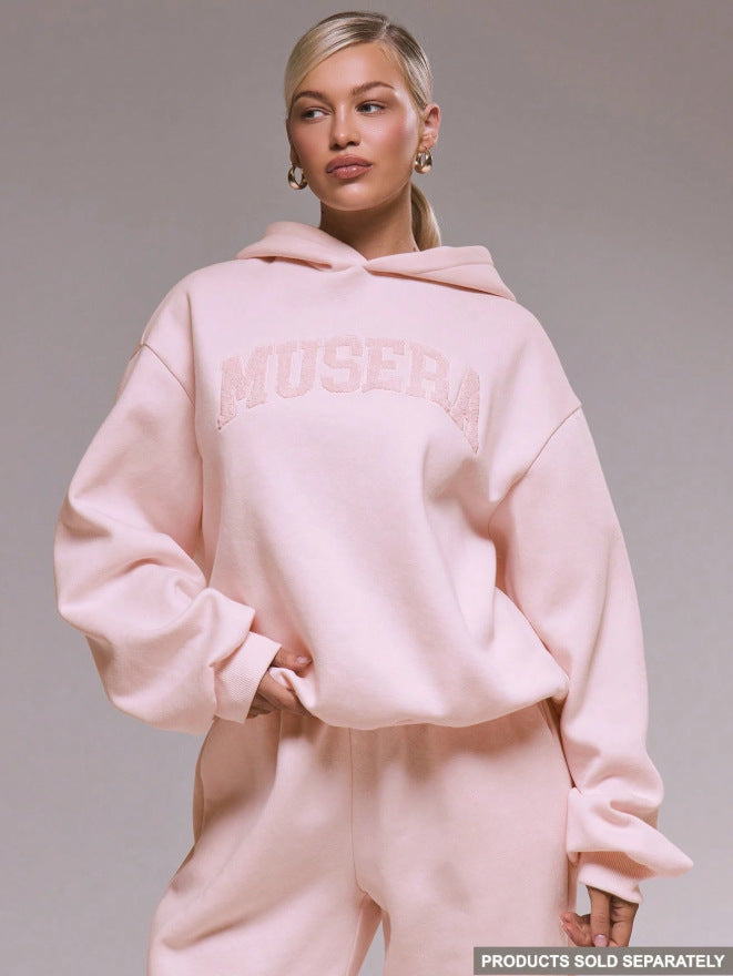 Amazon fashion cross-border  light pink casualcasualsuit same color flocking short hooded sweatshirt