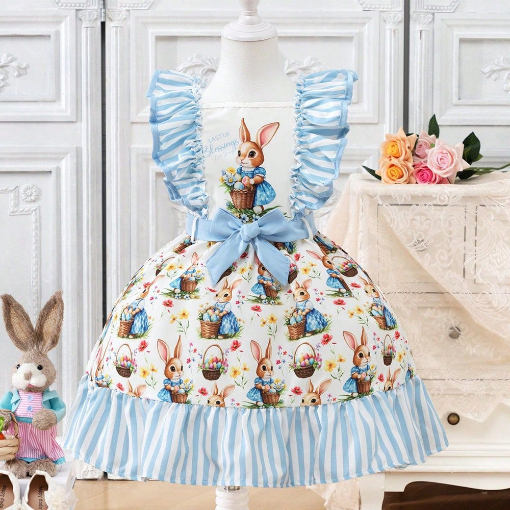 hot-selling girls' woven ruffle sleeve printed bow princess dress - cross-border exclusive for export