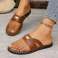 Women's flat mule slippers for export, summer  new style, mesh hollow-out design with metal buckle, plus size half slippers