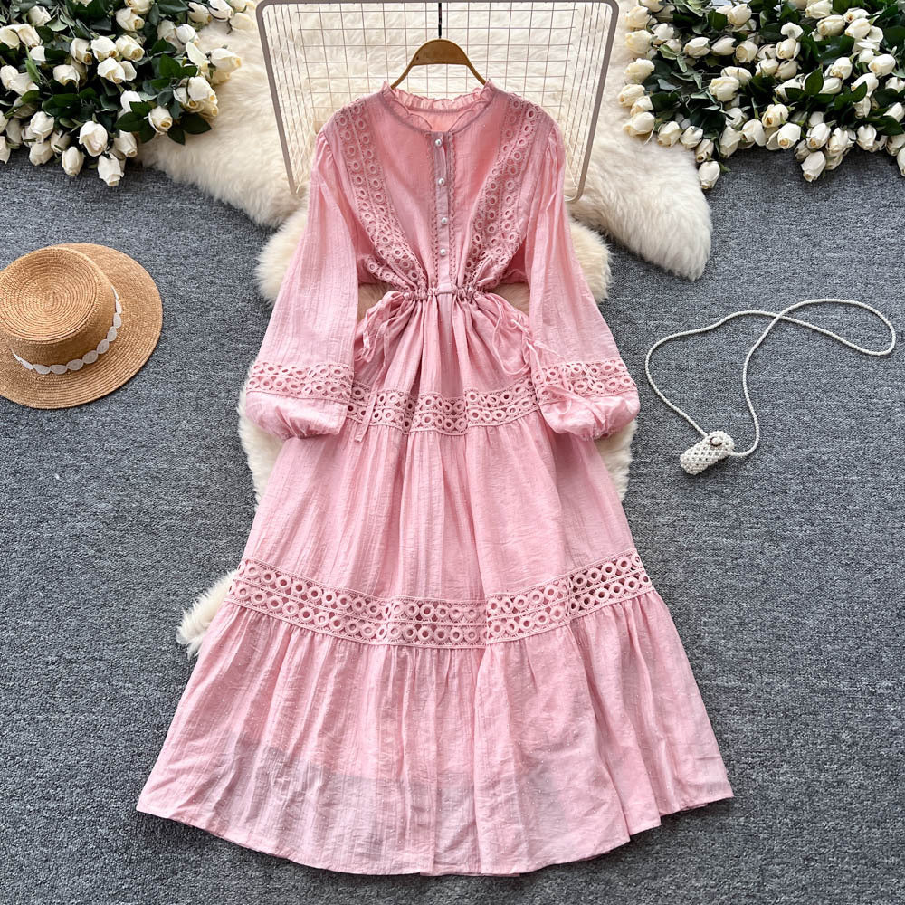 French court style puff sleeve dress - women's autumn hollow-out crochet drawstring waist elegant chic maxi dress