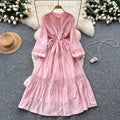 French court style puff sleeve dress - women's autumn hollow-out crochet drawstring waist elegant chic maxi dress