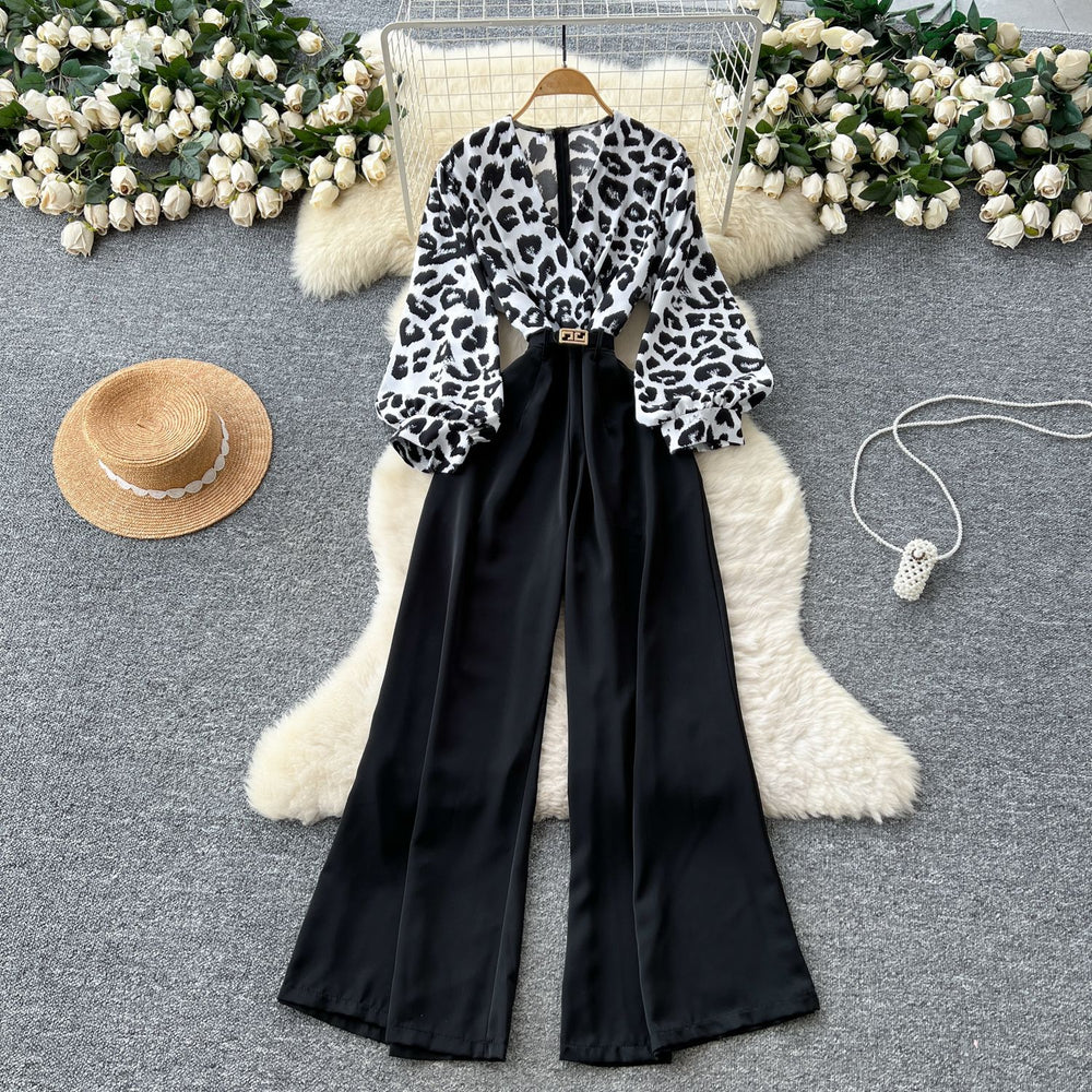 Accessible luxuryfashionclassy sense leopard print jumpsuit women's autumn puff sleeves cross collar wide leg drapedilm slimming look royal sister pants