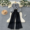 Accessible luxuryfashionclassy sense leopard print jumpsuit women's autumn puff sleeves cross collar wide leg drapedilm slimming look royal sister pants