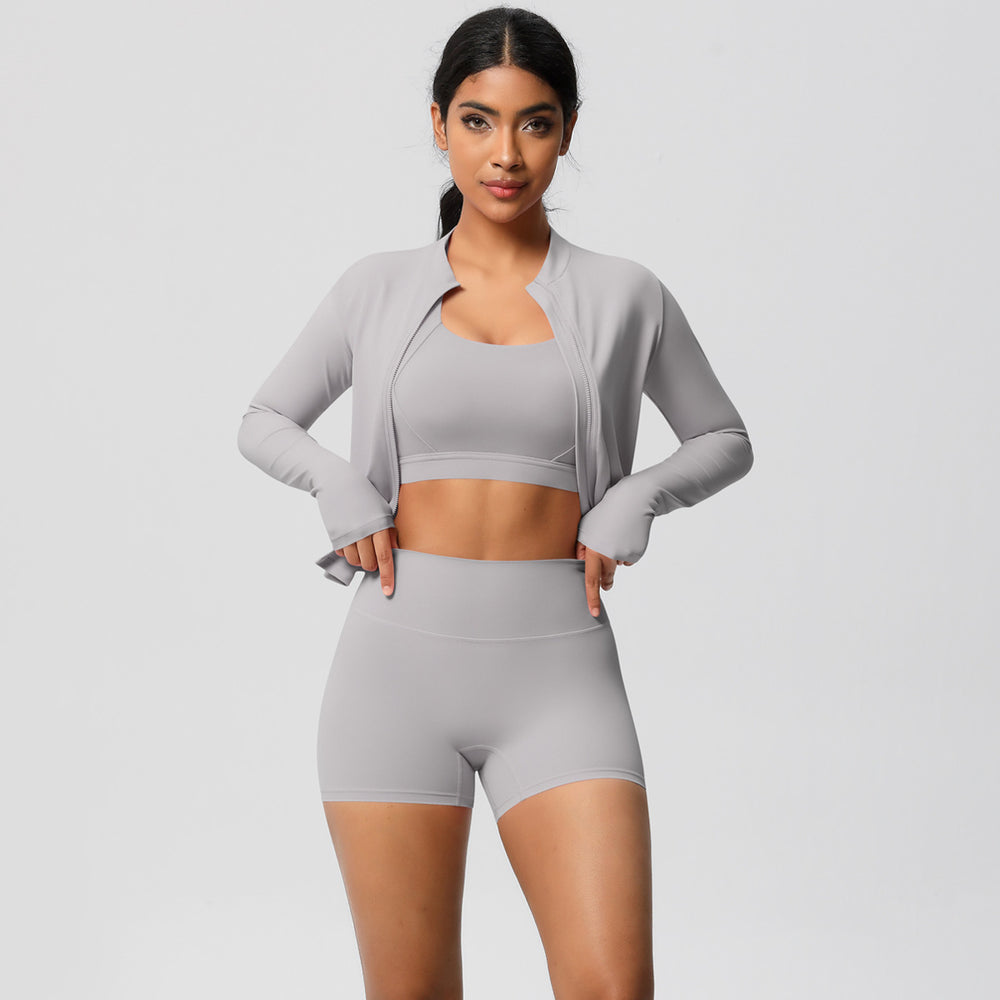 European and american solid color brushed fleece compression quick-dry yoga set - short length cloud-like outdoor running fitness activewear three-piece set