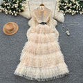 French chic sequin & beaded embellished mesh a-line maxi dress - slimming, elegant, and flattering