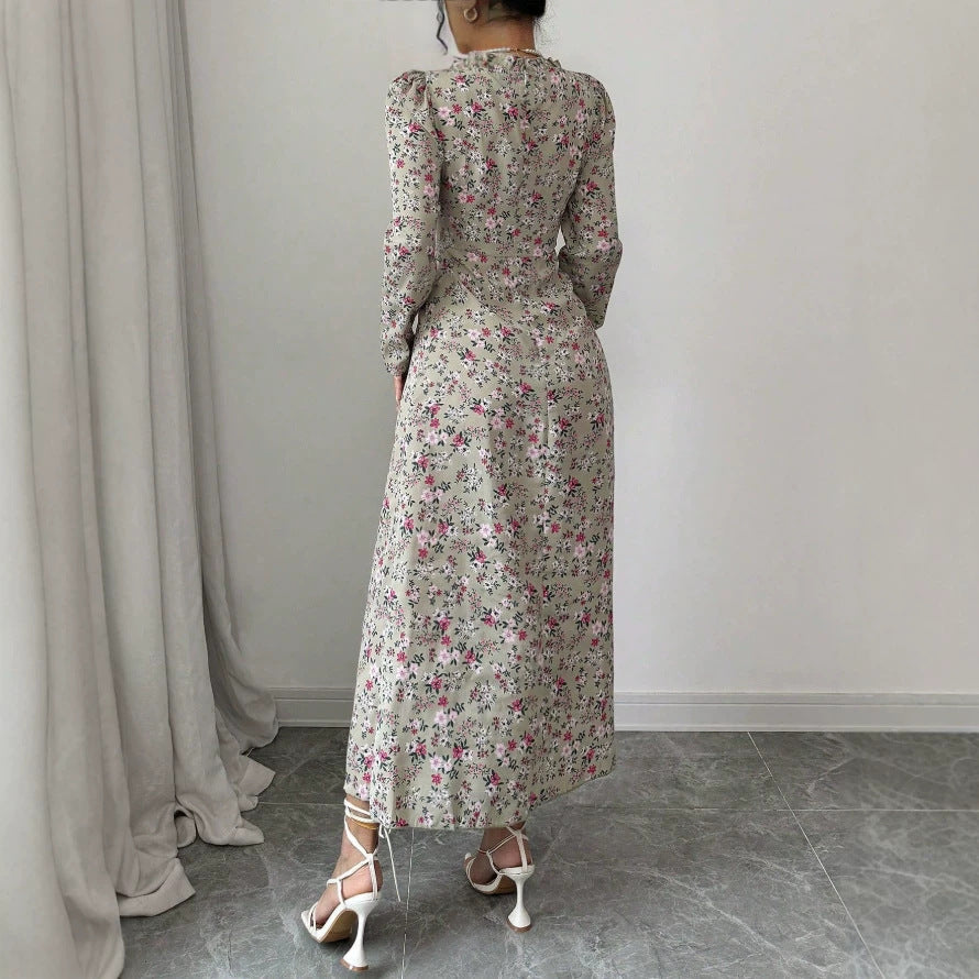 Plus size long french retro floral dress - spring/autumn  - slimming, figure-flattering, fishtail maxi dress with cinched waist