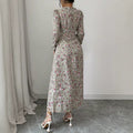 Plus size long french retro floral dress - spring/autumn  - slimming, figure-flattering, fishtail maxi dress with cinched waist