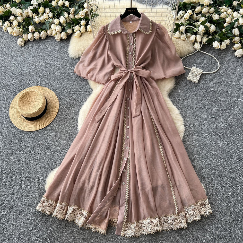 Frenchclassyelegantdress women's palace style straps waist elegantlacepatchwork single breasted large swing long skirt