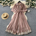 Frenchclassyelegantdress women's palace style straps waist elegantlacepatchwork single breasted large swing long skirt